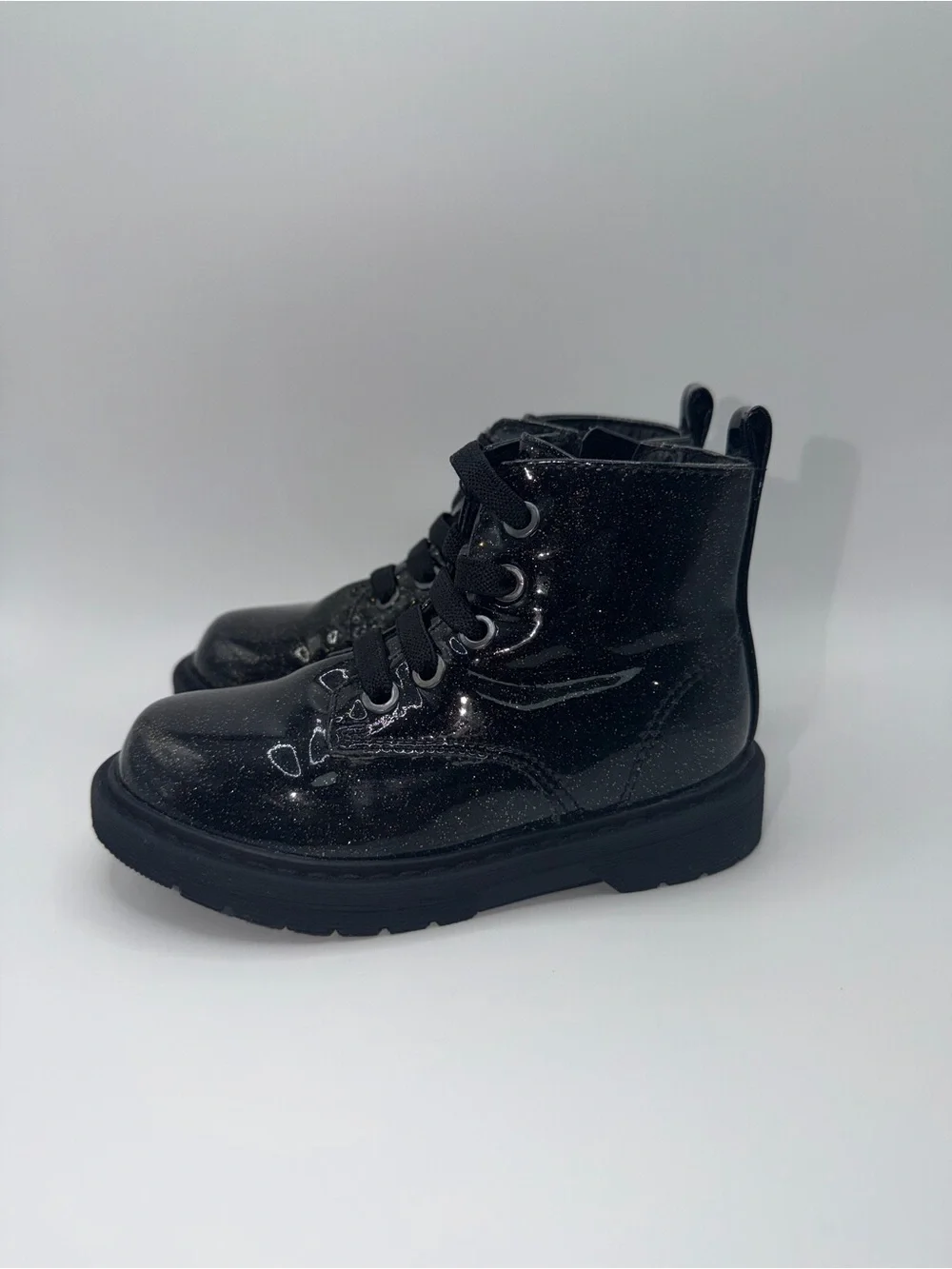 Kids Glittery Black Lace-Up Ankle Boots with Side Zip